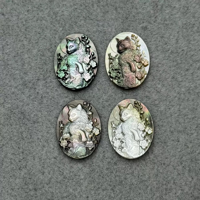Imagen de nácar Natural, corte de forma ovalada, diseño de animal de zorro, iconos de concha negra, fabricación de colgante de joyería con forma de cabujón para mujer